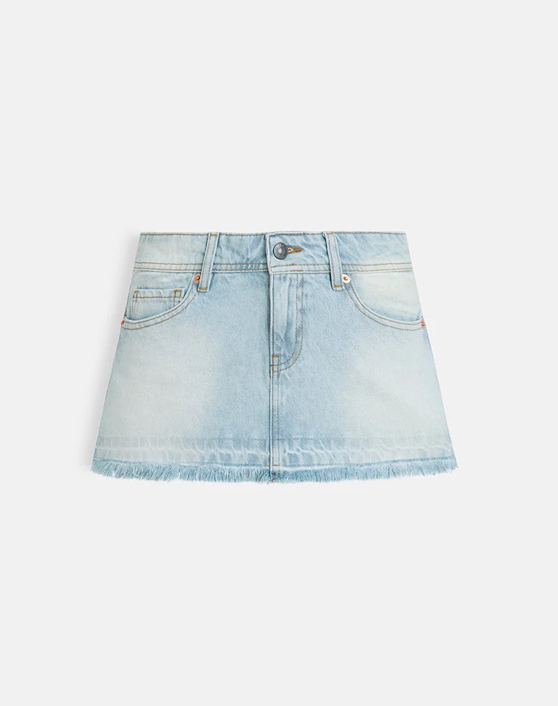Mini-jupe en jean taille basse à ourlet brut, couleur bleu glacé