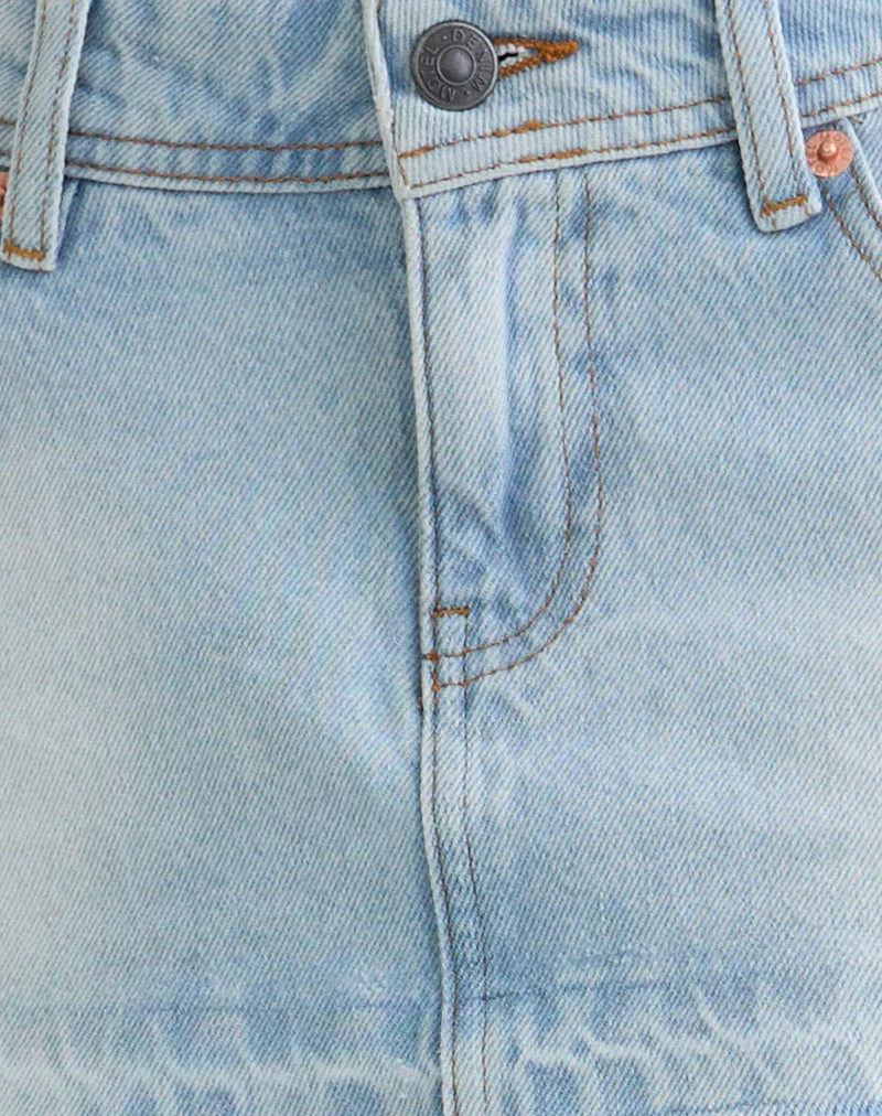 Mini-jupe en jean taille basse à ourlet brut, couleur bleu glacé
