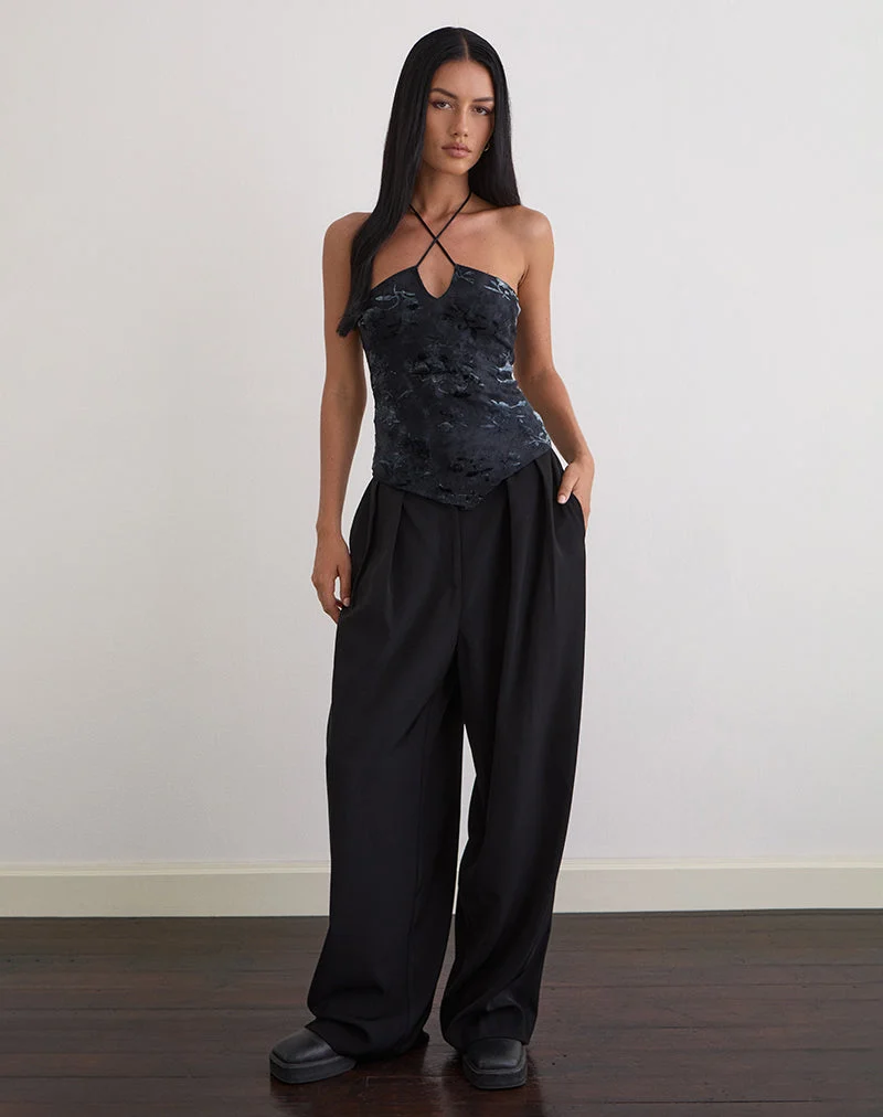 Daiki Halterneck Top in Leaf Velvet Dark Blue
