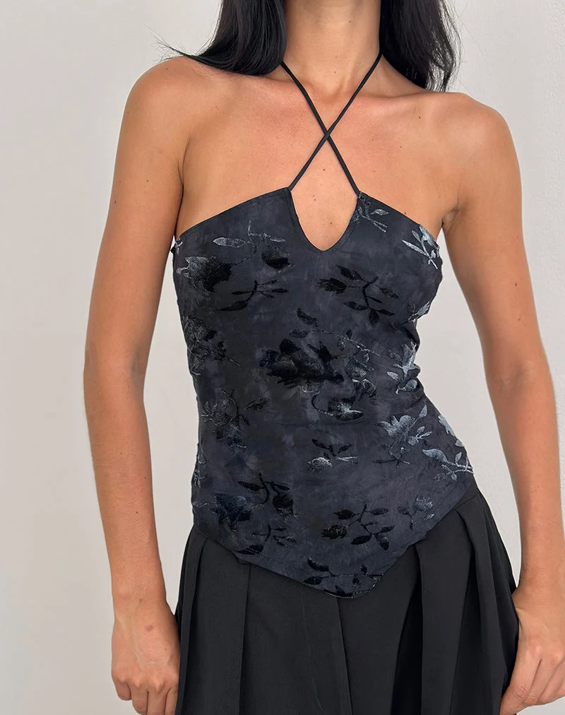 Daiki Halterneck Top in Leaf Velvet Dark Blue