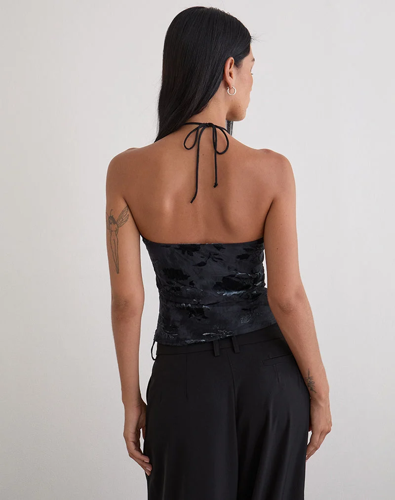 Daiki Halterneck Top in Leaf Velvet Dark Blue