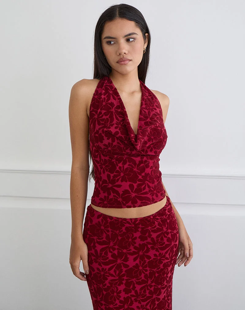 Clandy Cowl Top en maille floquée Flower Cherry