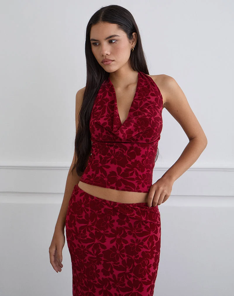 Clandy Cowl Top en maille floquée Flower Cherry