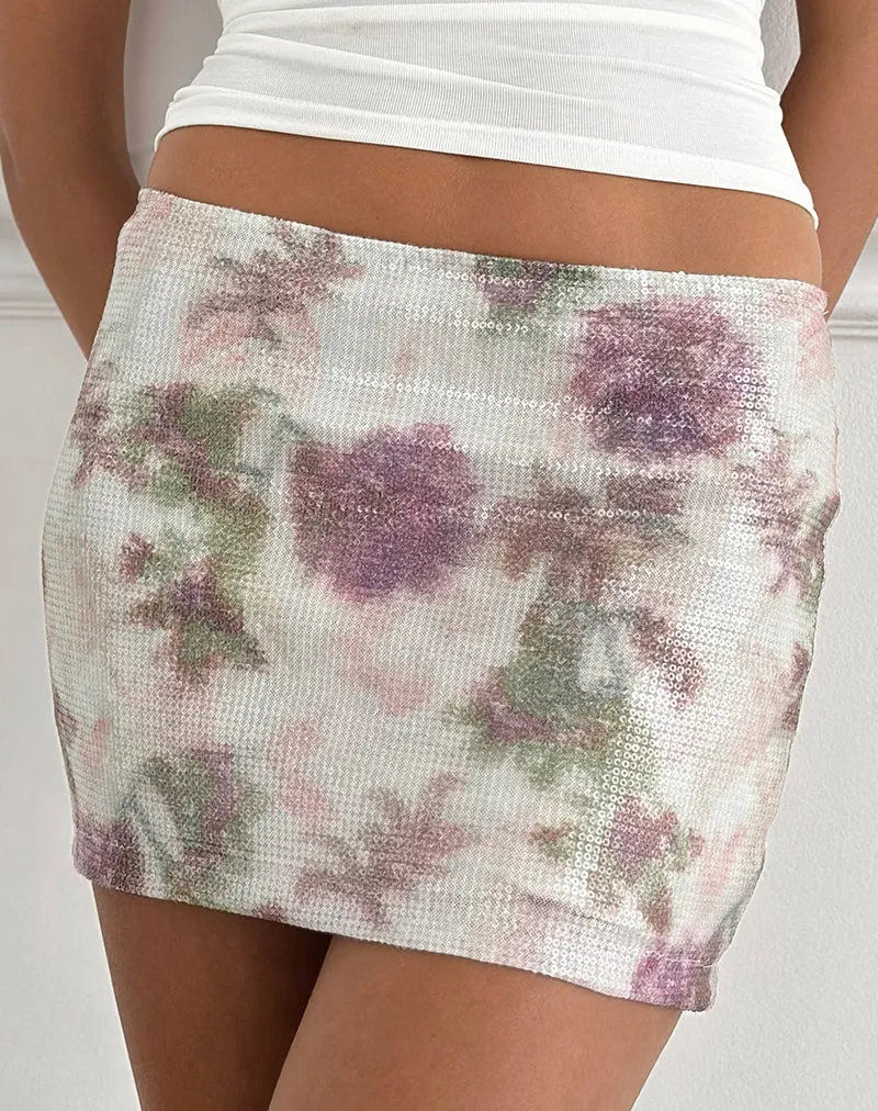 Mini-jupe Govinda à motifs floraux et paillettes, blanche et violette