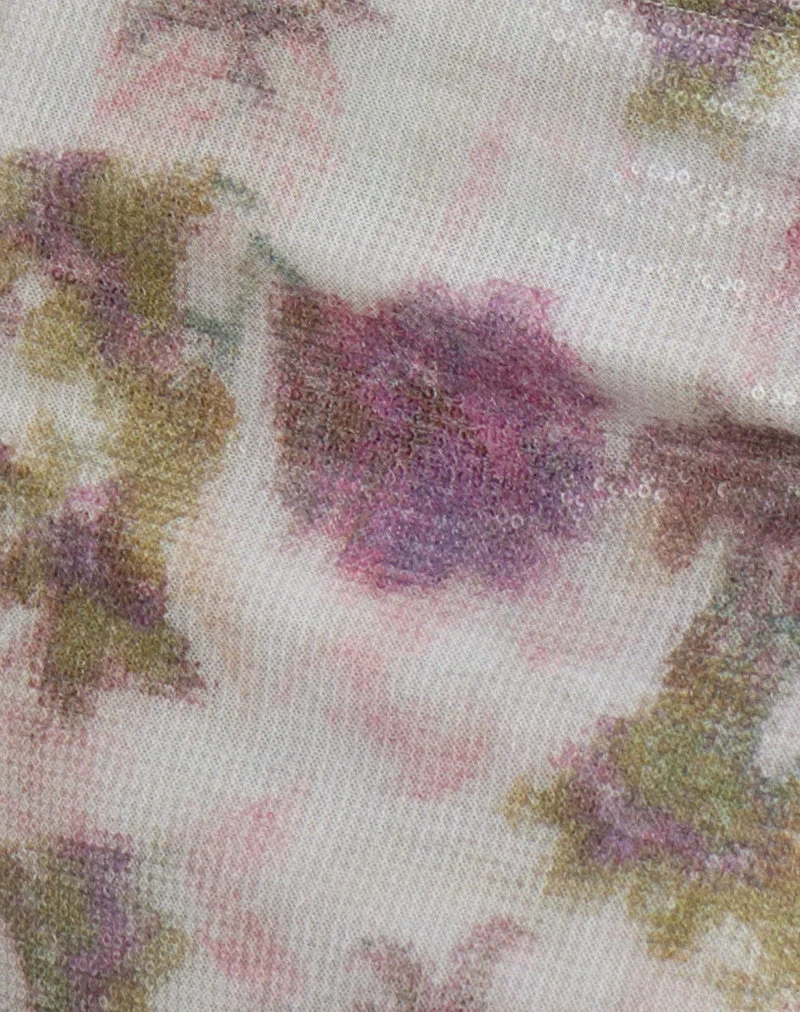 Mini-jupe Govinda à motifs floraux et paillettes, blanche et violette