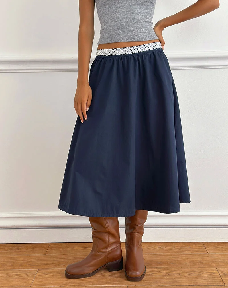 Jupe midi Takira bleu marine foncé avec bordure en dentelle