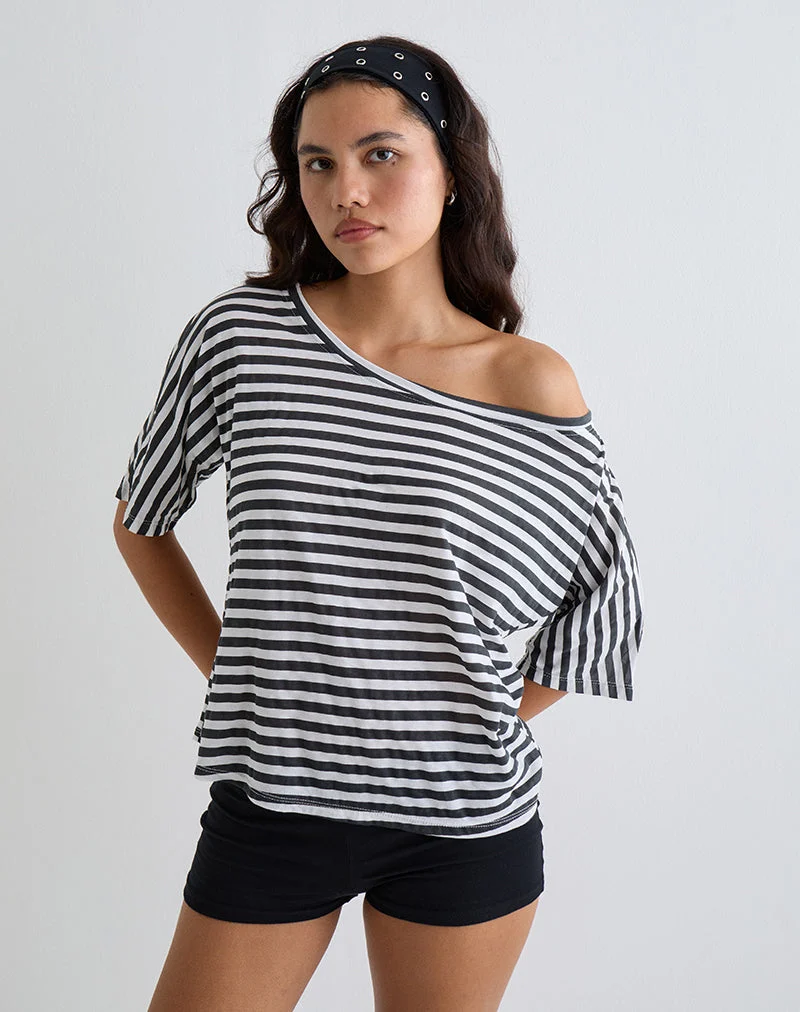 Daman Off Shoulder Basic Top in Ivory with Charcoal Stripe (Top de base à épaules dénudées en ivoire et rayures anthracite)