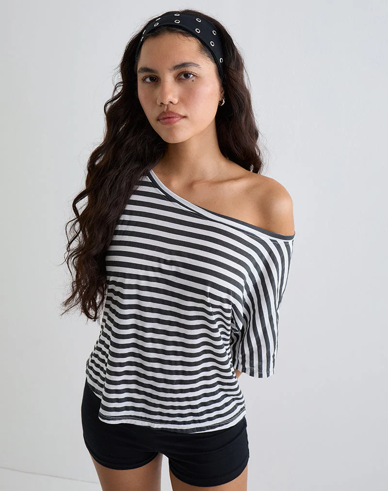 Daman Off Shoulder Basic Top in Ivory with Charcoal Stripe (Top de base à épaules dénudées en ivoire et rayures anthracite)