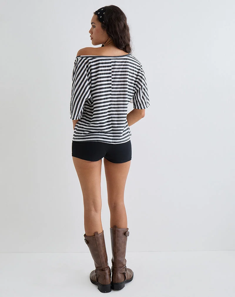 Daman Off Shoulder Basic Top in Ivory with Charcoal Stripe (Top de base à épaules dénudées en ivoire et rayures anthracite)