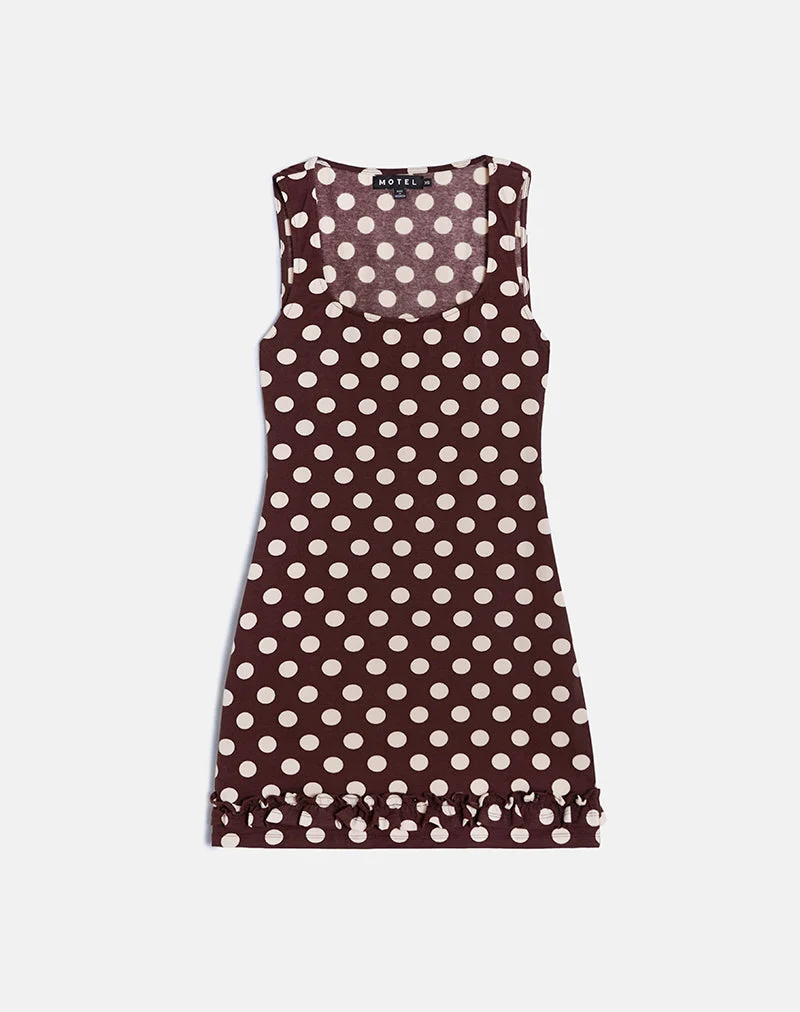 Mini robe à ourlet volant Vadora en marron avec gros pois crème