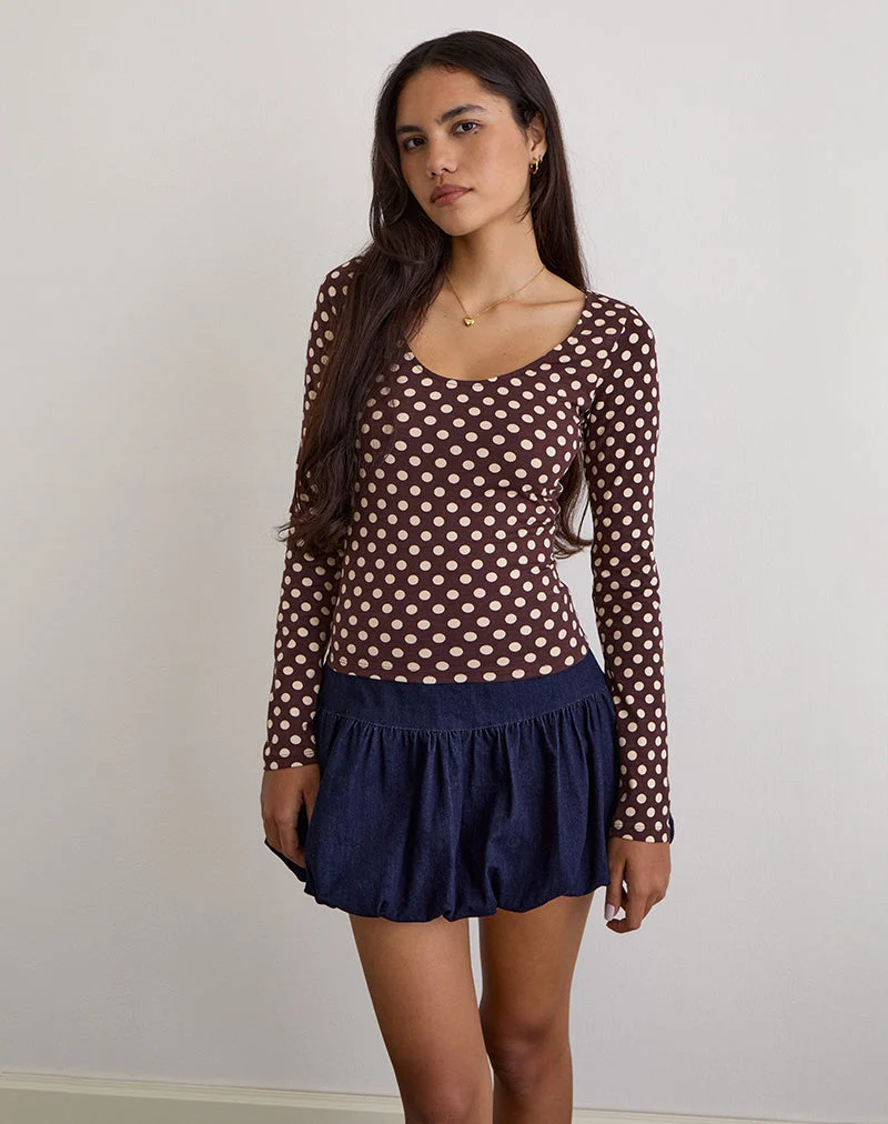 Rumini Long Sleeve Top in Brown with Small Polka Cream (Top à manches longues en marron avec petite crème à pois)