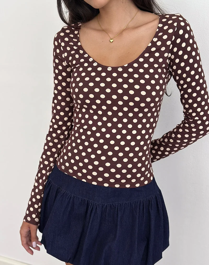 Rumini Long Sleeve Top in Brown with Small Polka Cream (Top à manches longues en marron avec petite crème à pois)