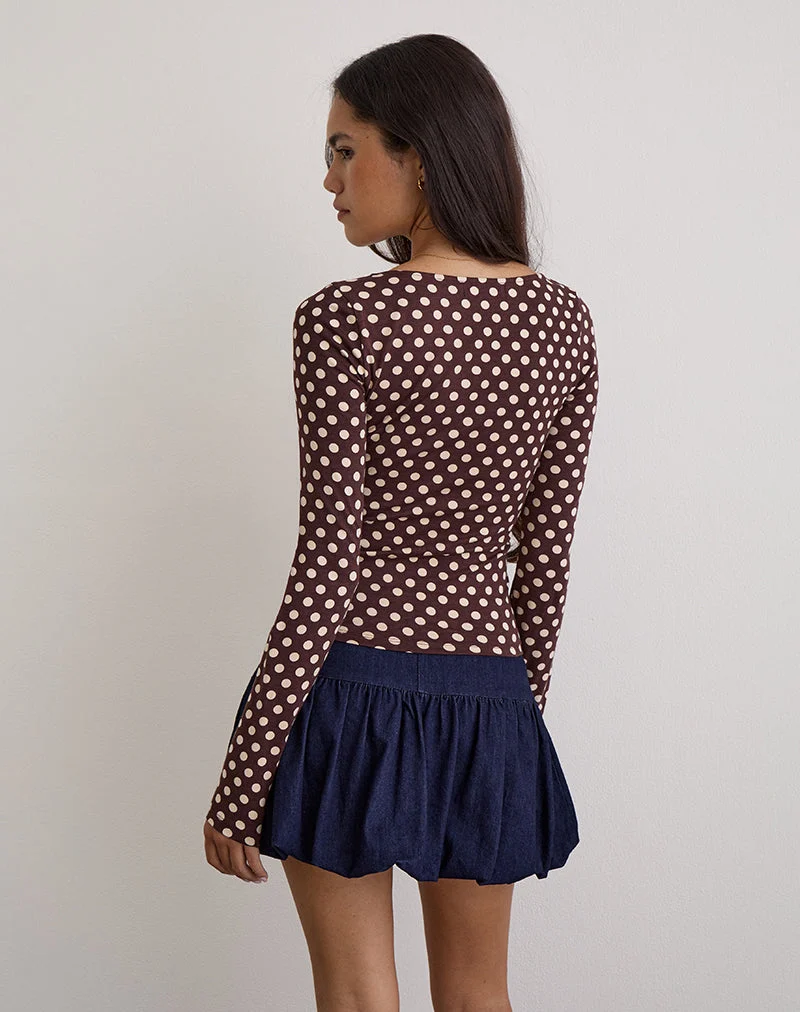 Rumini Long Sleeve Top in Brown with Small Polka Cream (Top à manches longues en marron avec petite crème à pois)