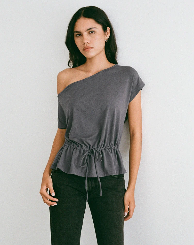 Haut à une épaule Sika gris anthracite avec ceinture à nouer