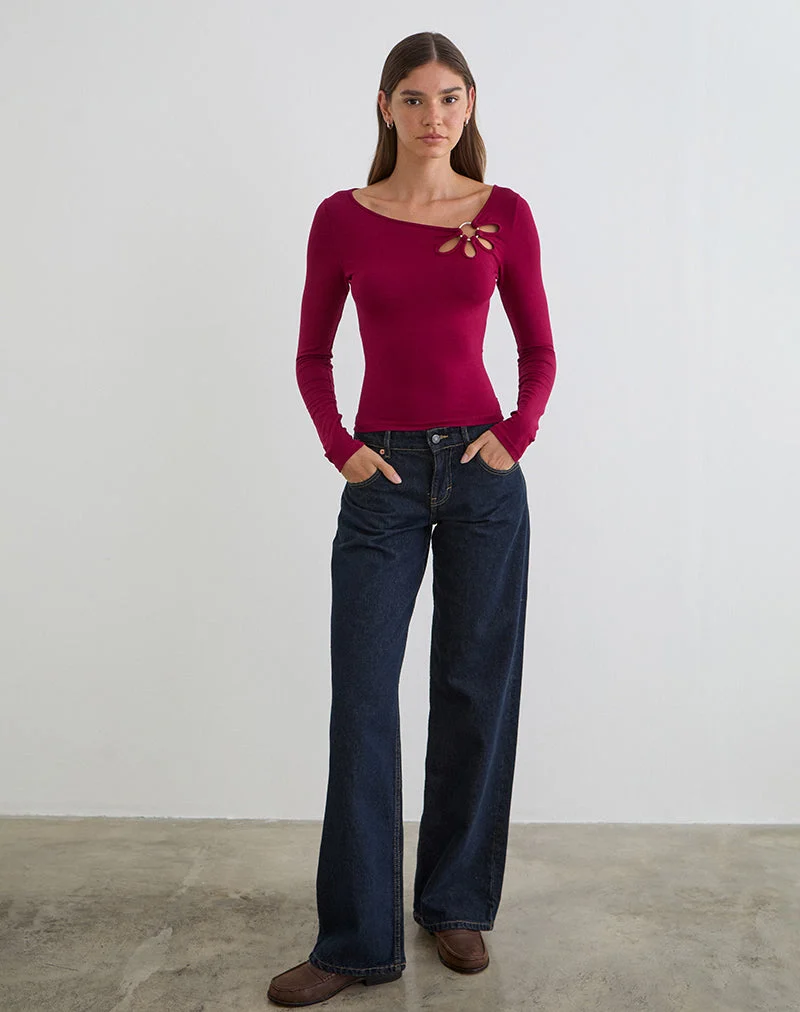 Haut à manches longues Donela avec anneau fleuri, couleur bordeaux