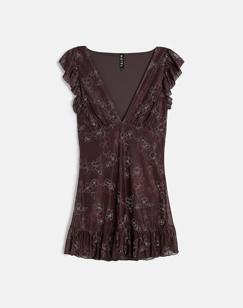 Mini robe Motarika en flocon de fleurs Doodle Brown