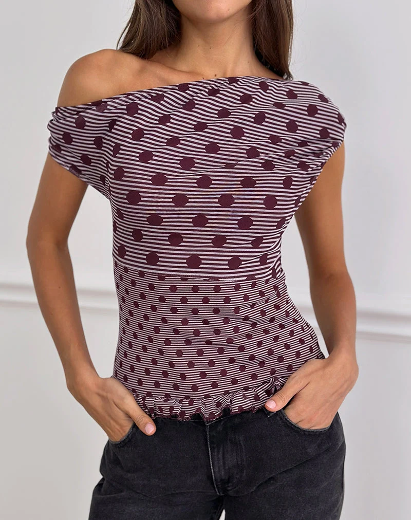 Tarya Asymmetric Top in Stripe Polka Plum (Top asymétrique à rayures)