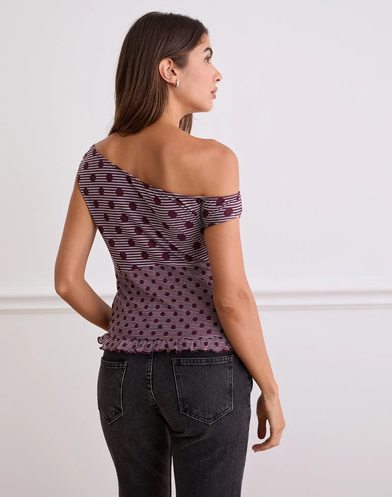 Tarya Asymmetric Top in Stripe Polka Plum (Top asymétrique à rayures)