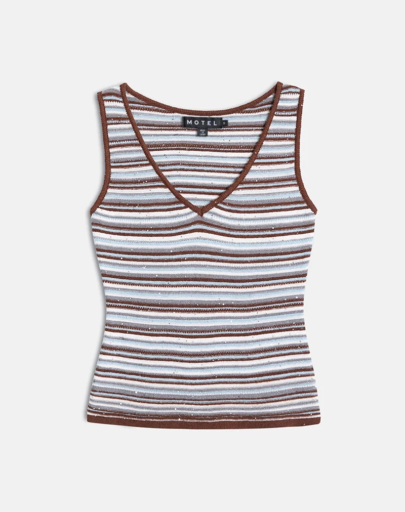 Haut plongeant Lycia en tricot rayé bleu et marron