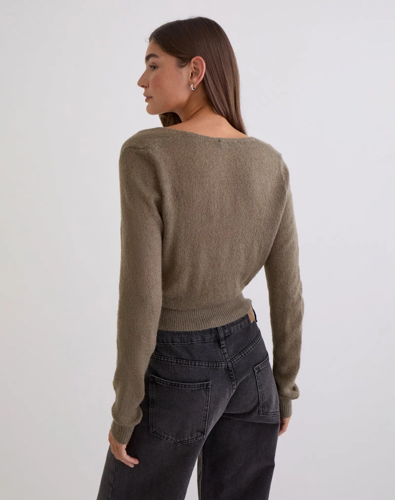 Haut cache-cœur Nilza en tricot taupe