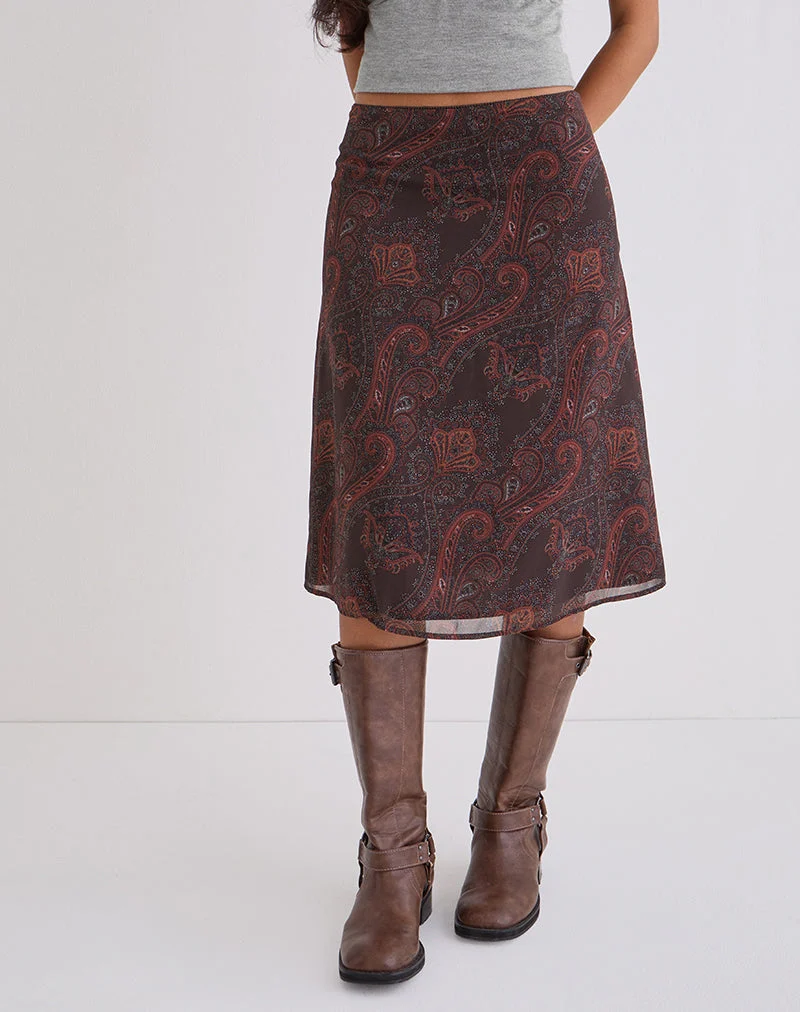 Jupe midi Suriela en mousseline à motif cachemire royal bordeaux