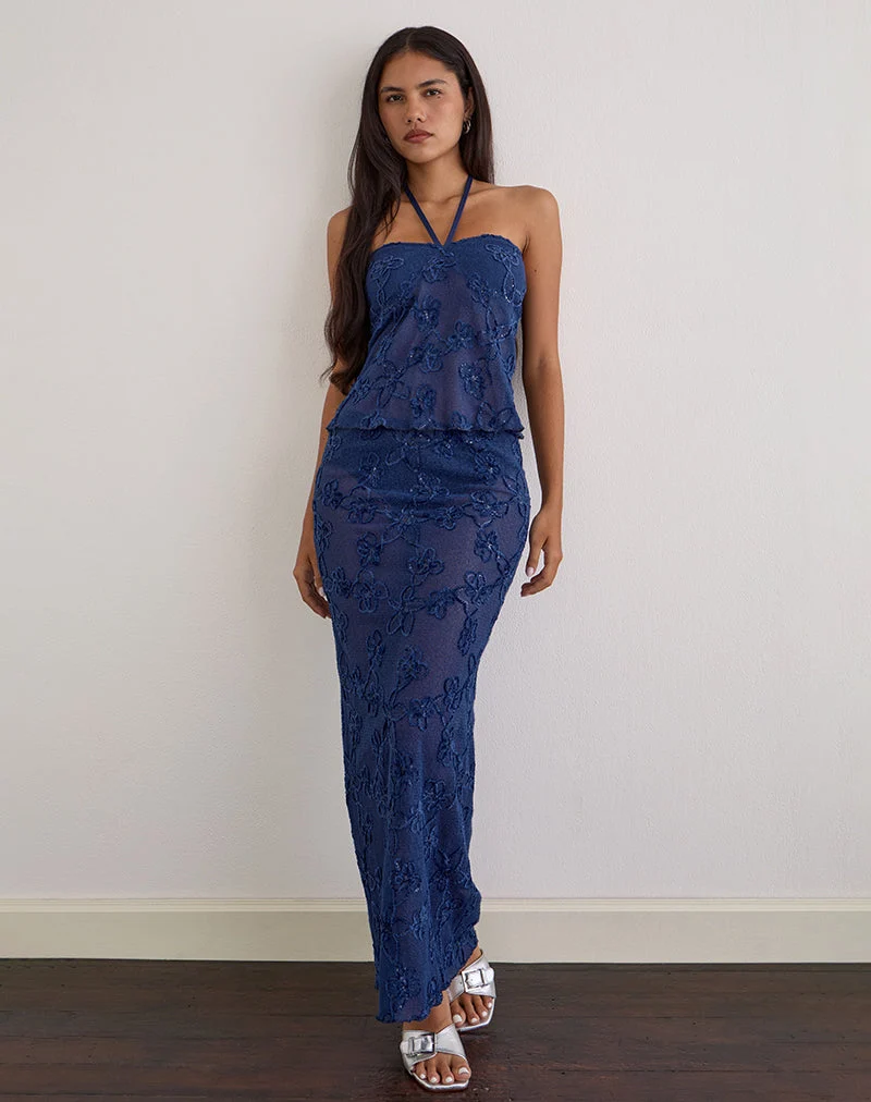 Jupe longue Alphia en maille à paillettes bleu marine