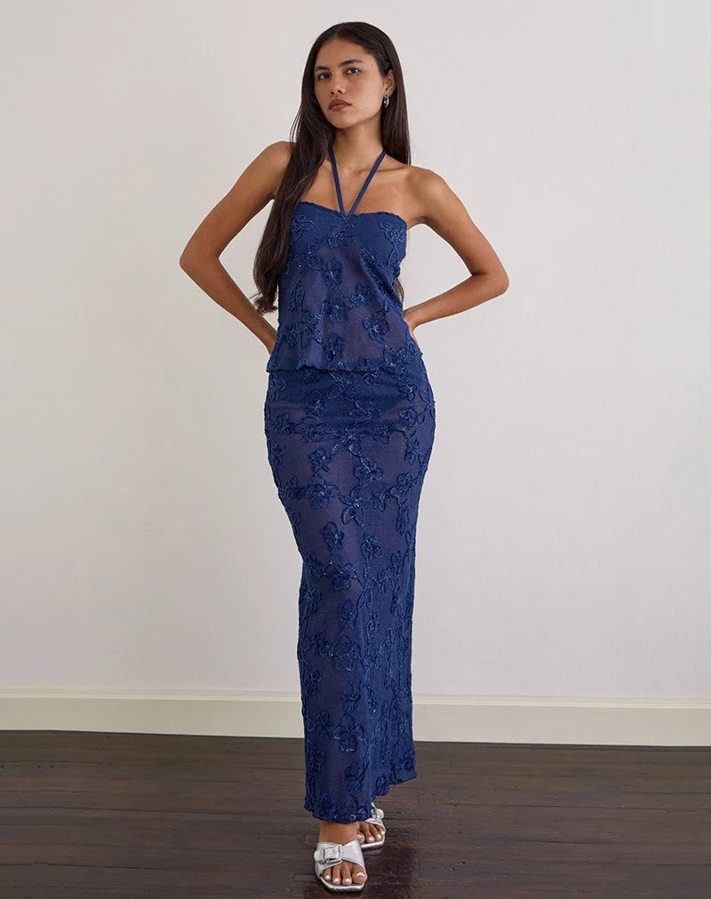 Jupe longue Alphia en maille à paillettes bleu marine
