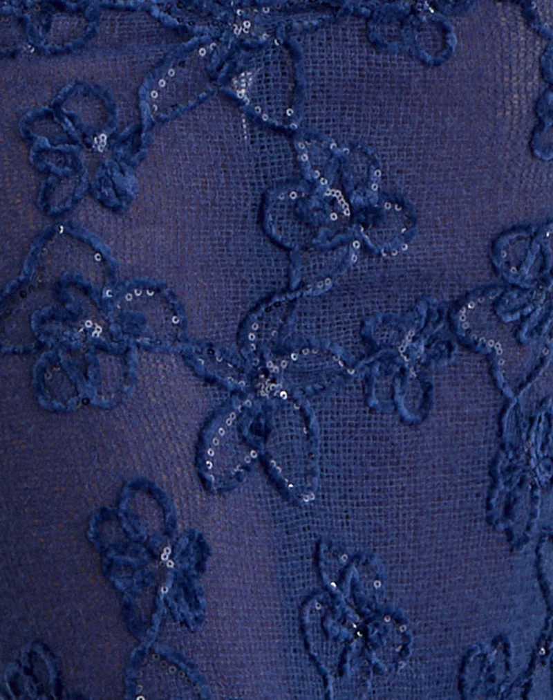 Jupe longue Alphia en maille à paillettes bleu marine