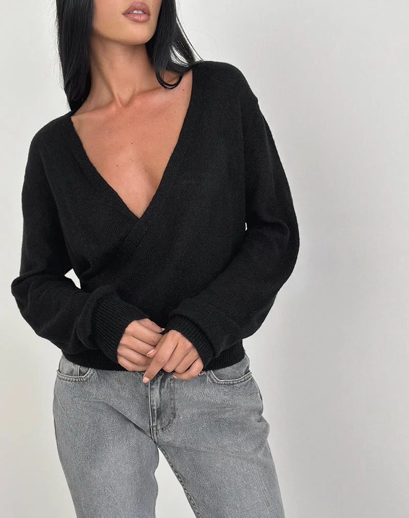 Haut cache-cœur plongeant Saroya en tricot noir