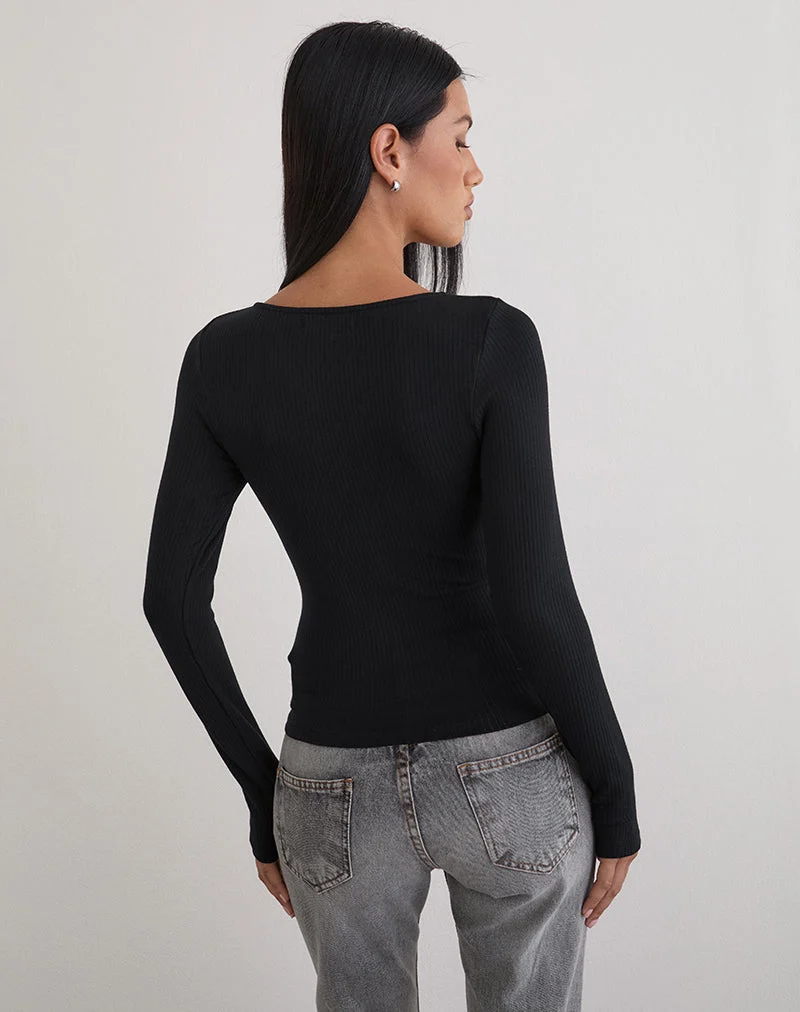 Nique Long Sleeve Top in Thick Rib Black (Top à manches longues en côtes épaisses)