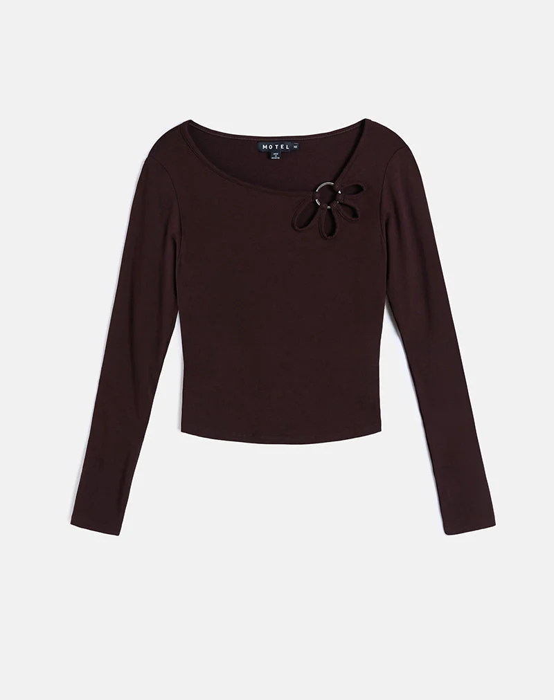 Donela Long Sleeve Top with Flower Ring in Bitter Chocolate (Top à manches longues avec anneau de fleur en chocolat amer)