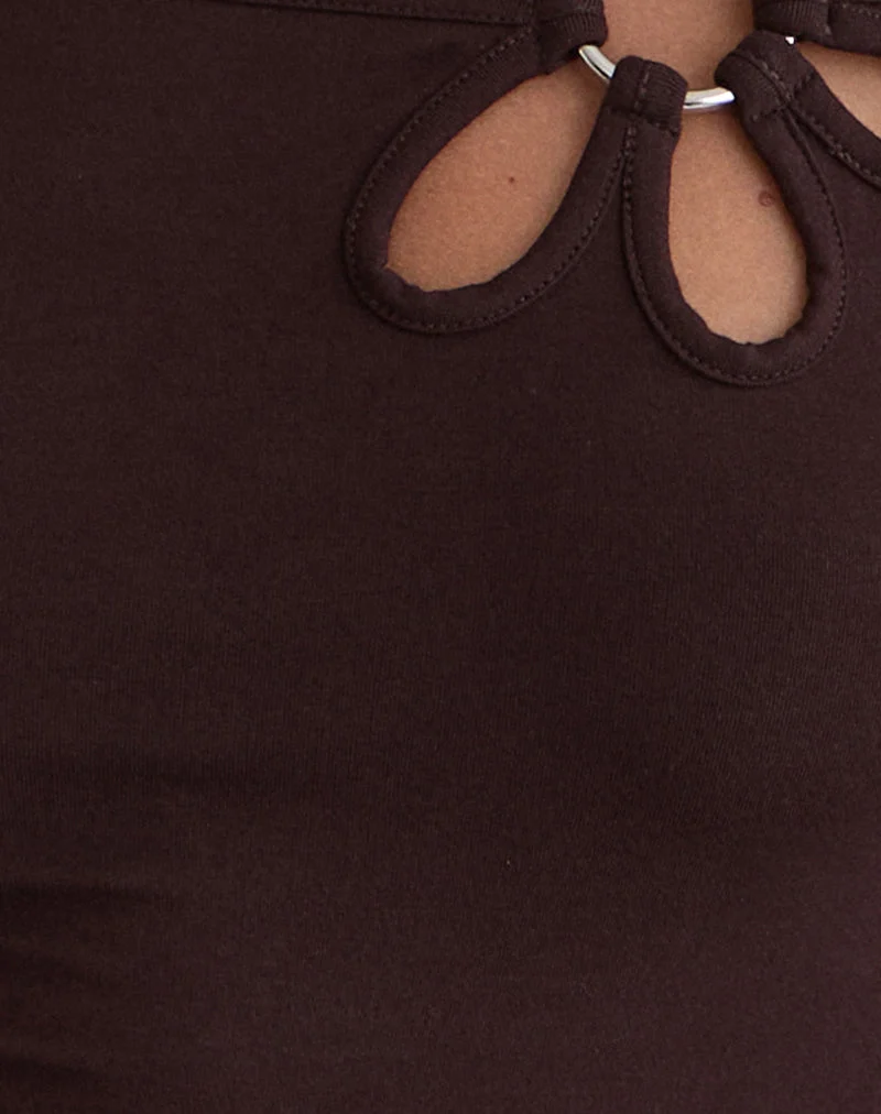 Donela Long Sleeve Top with Flower Ring in Bitter Chocolate (Top à manches longues avec anneau de fleur en chocolat amer)