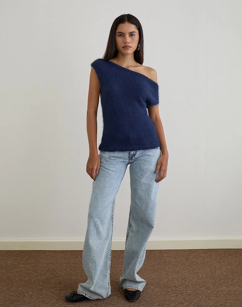 Top Calyce en maille duveteuse Navy