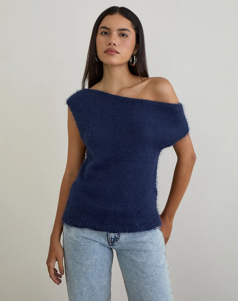 Top Calyce en maille duveteuse Navy