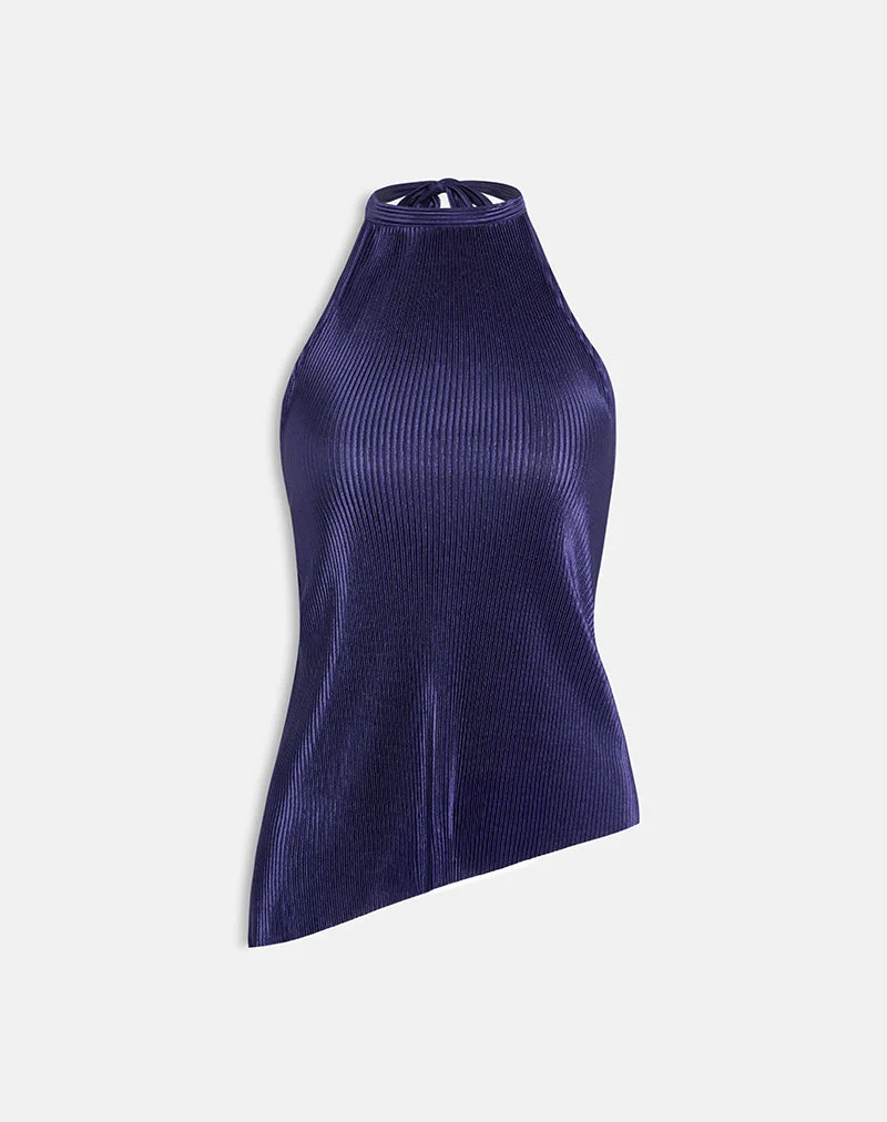 Atsila High Neck Sleeveless Top in Plisse Navy (Top sans manches à col montant)