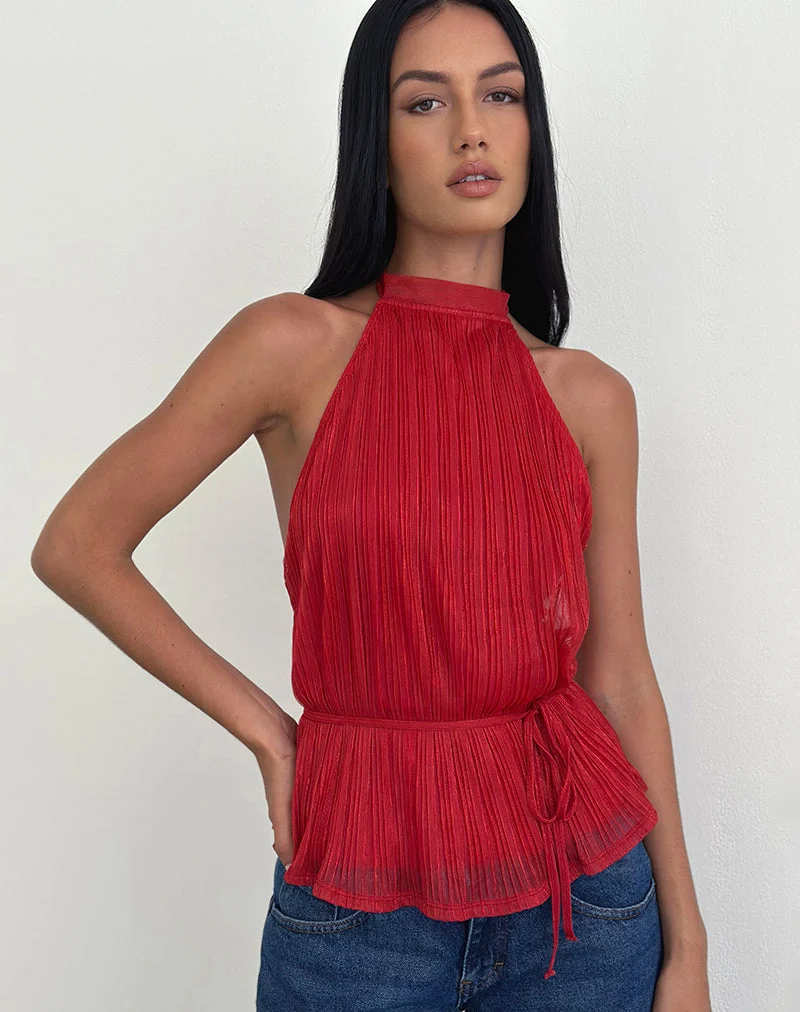 Brienne Top in Shimmer Plisse Red