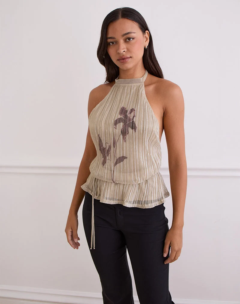 Top Brienne en Light Gold Shimmer avec Slim Flower Print
