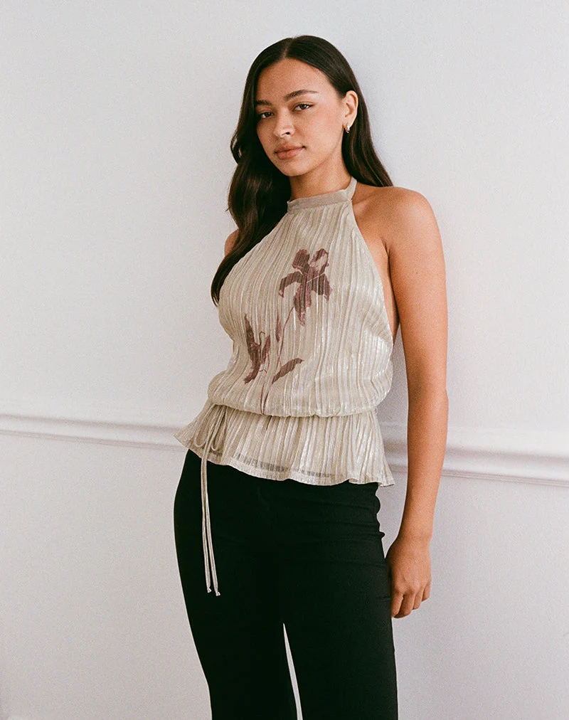 Top Brienne en Light Gold Shimmer avec Slim Flower Print
