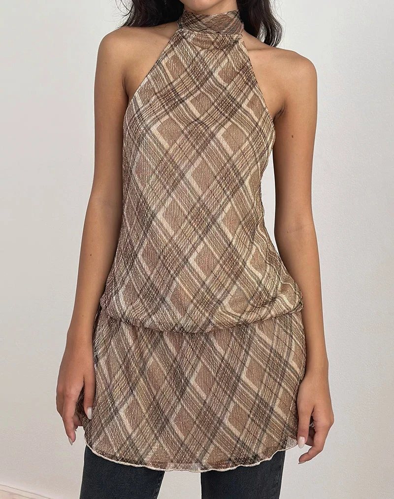 Briani Halterneck Dress in Check Plisse Brown