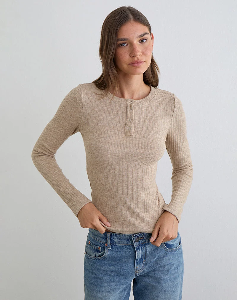 Haut à manches longues boutonné Zinta en tricot côtelé couleur avoine