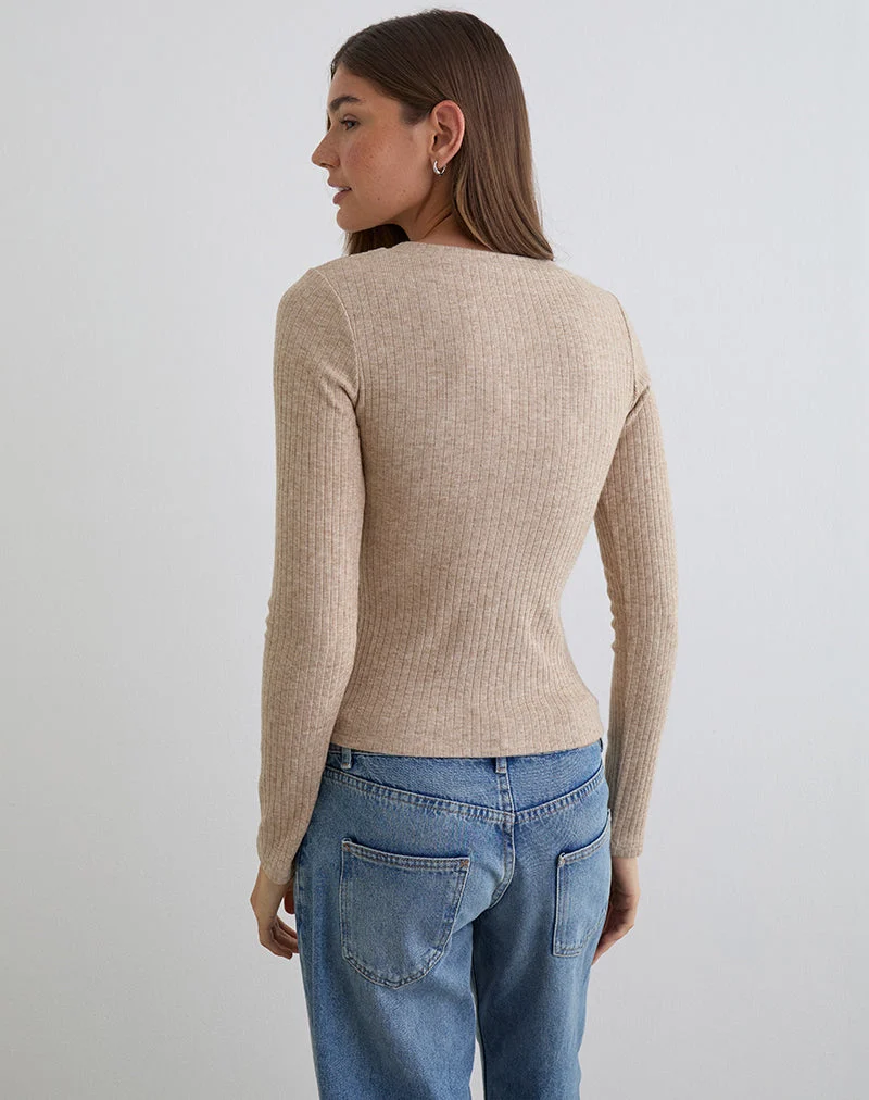 Haut à manches longues boutonné Zinta en tricot côtelé couleur avoine