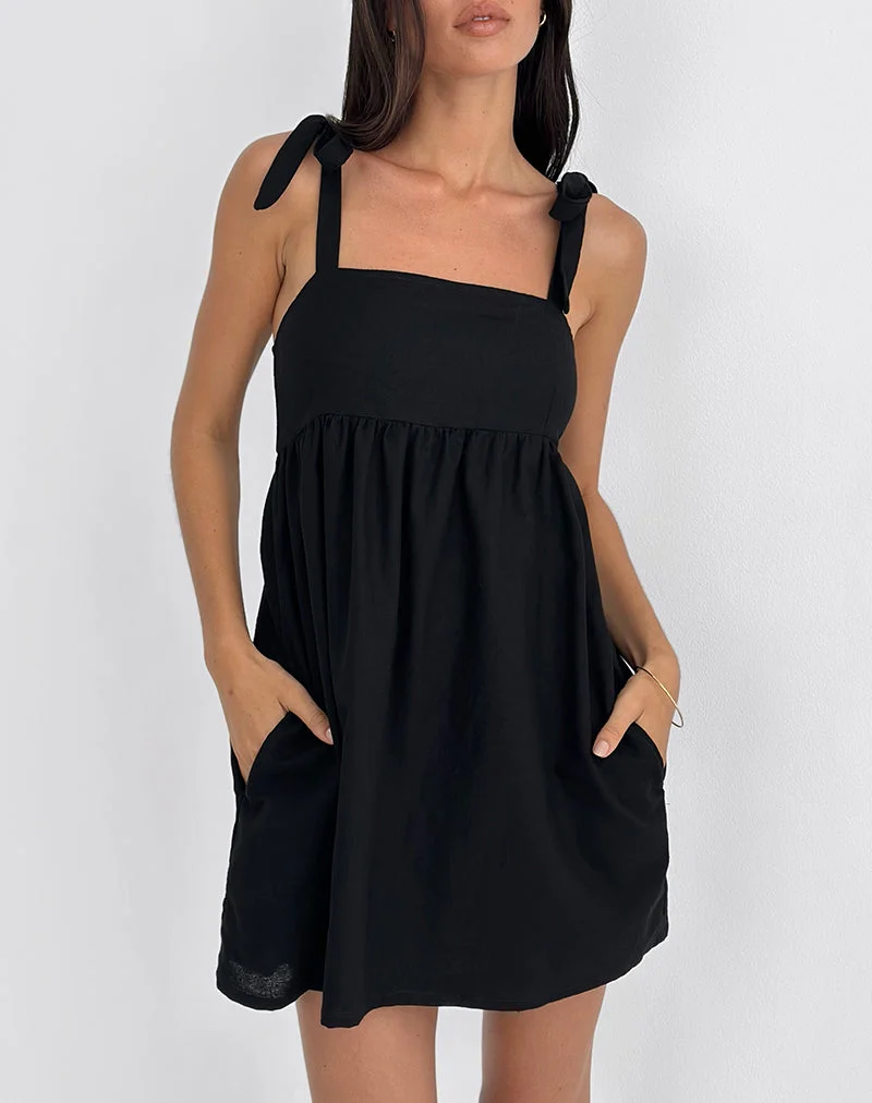 Kayla - Mini robe à encolure carrée, lin, noir