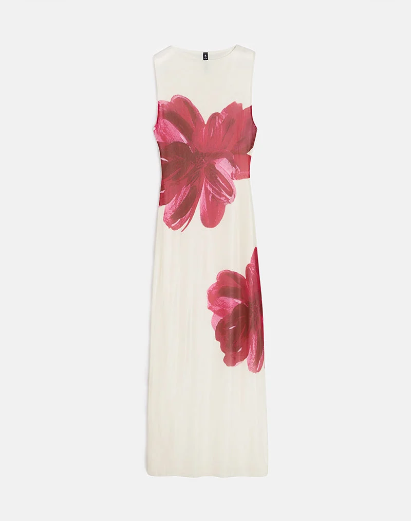 Robe longue imprimée Fayola en crème avec fleur aquarelle rouge