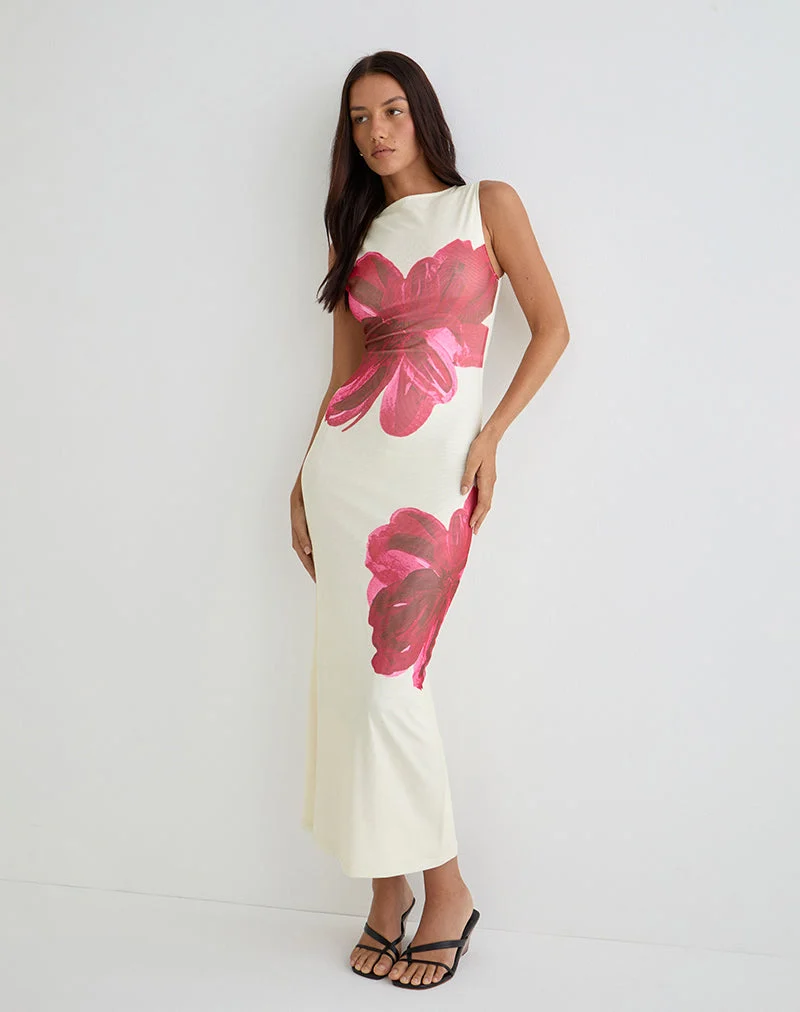 Robe longue imprimée Fayola en crème avec fleur aquarelle rouge
