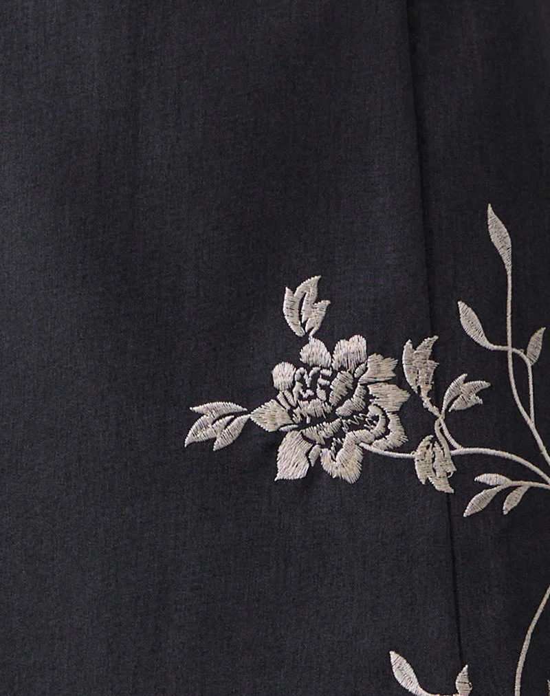 Jupe midi Sepzhi en charbon foncé brodée de fleurs de vigne