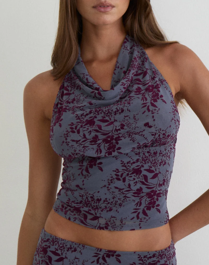 Hineba Top en fine feuille floquée gris fumé