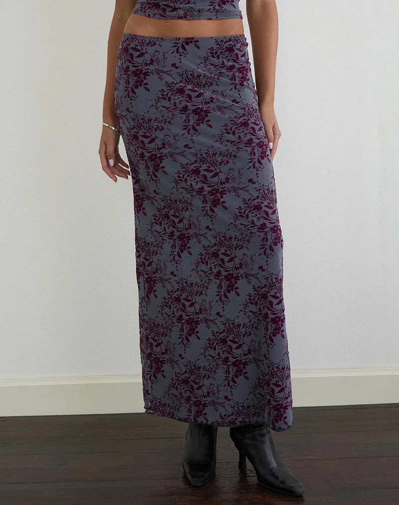 Jupe longue Alfreda en tissu fin à motif feuilles, gris fumé