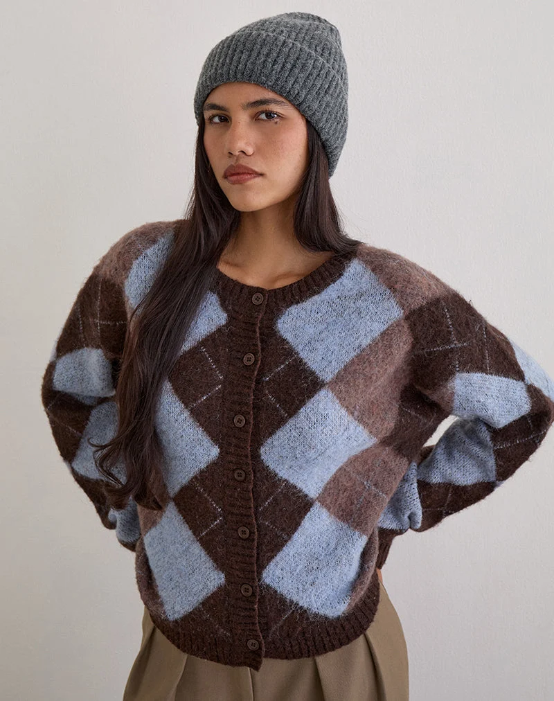 Cardigan Eliana en tricot bleu à motif argyle