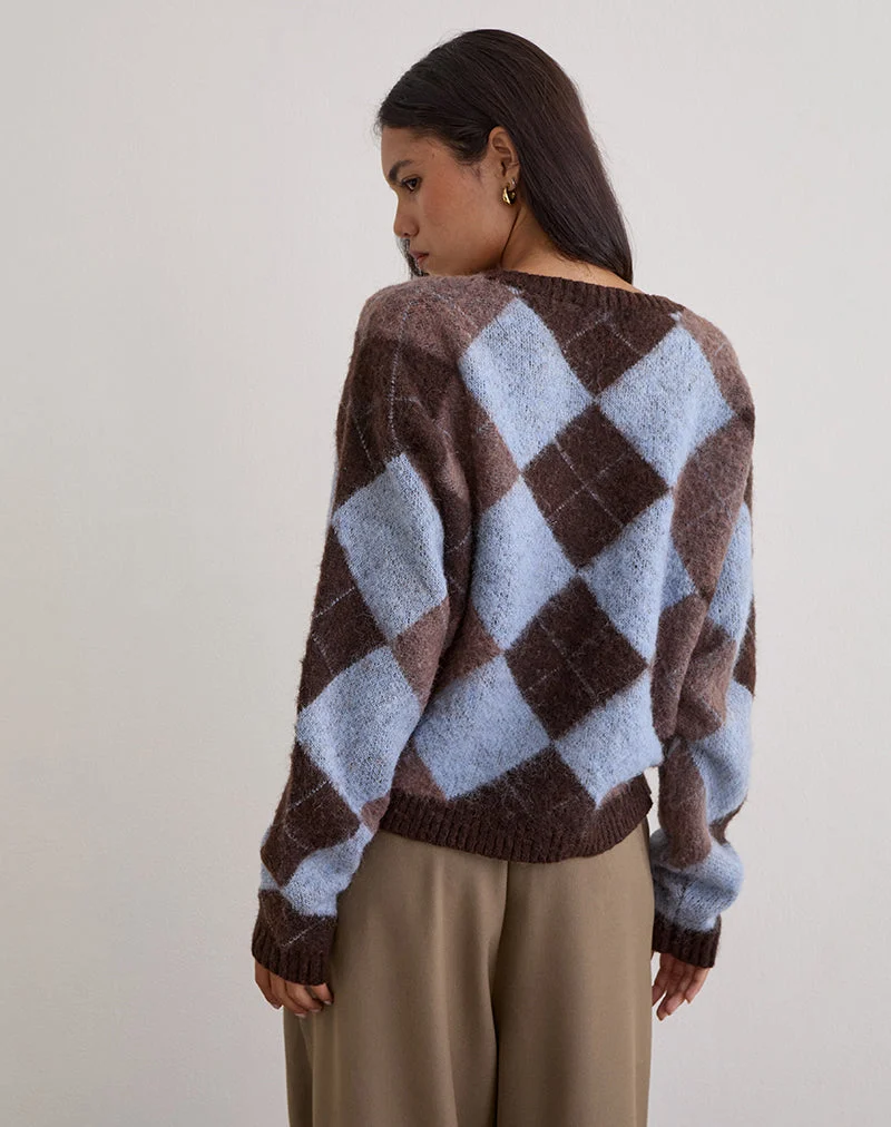 Cardigan Eliana en tricot bleu à motif argyle
