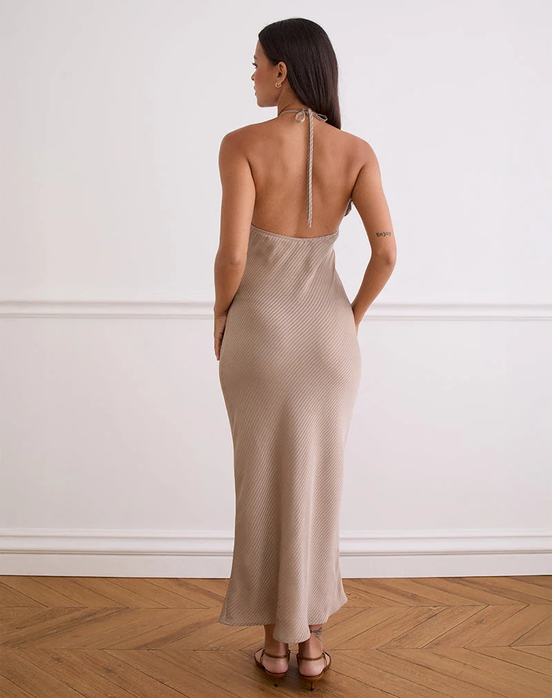 Belara Maxi Dress in Satin Stripe Taupe (Robe longue en satin rayé)